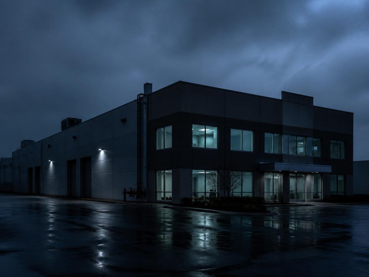 A commercial warehouse and office property at dusk after rain