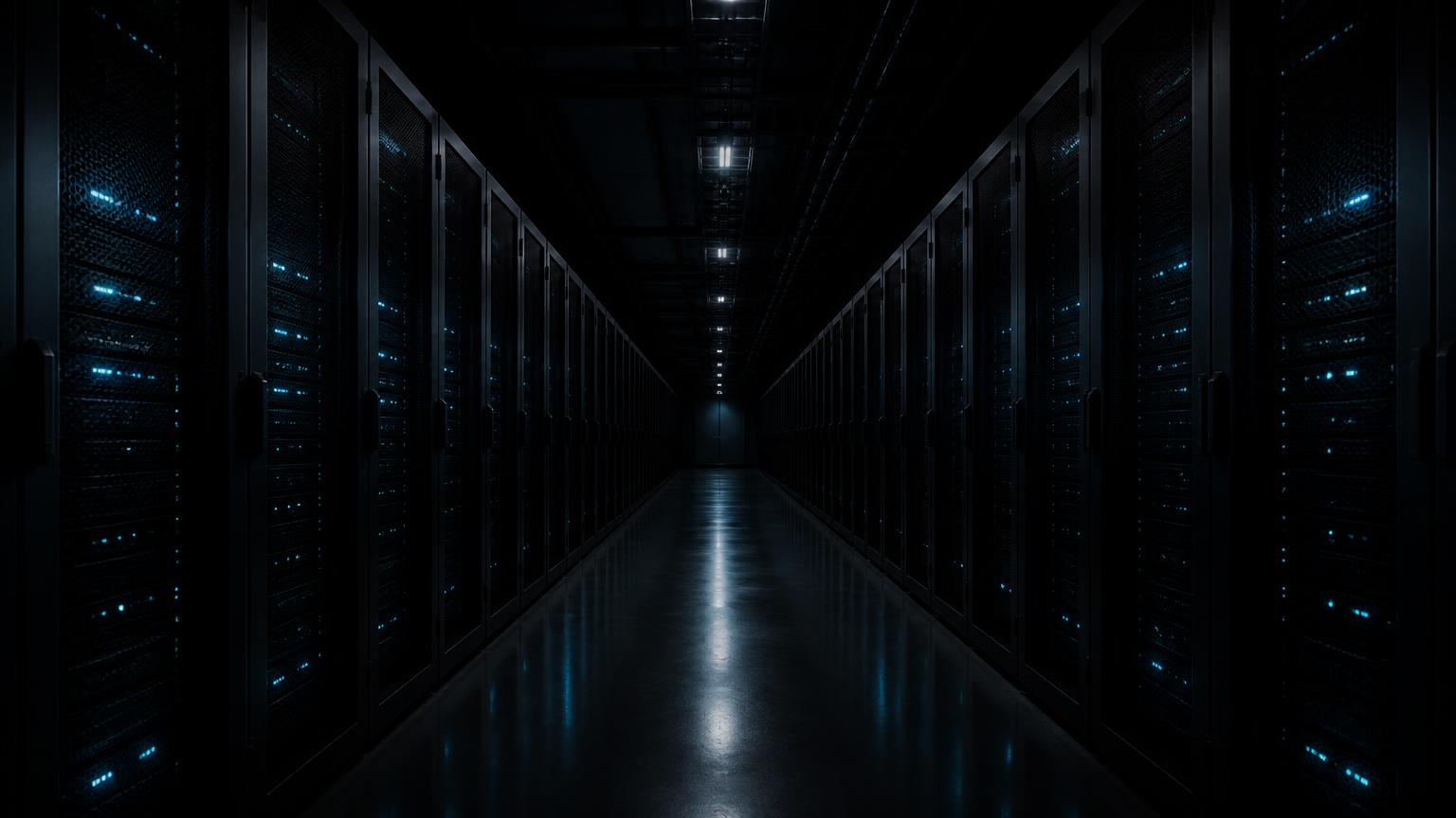 A dim corridor of server racks with cool indicator lights