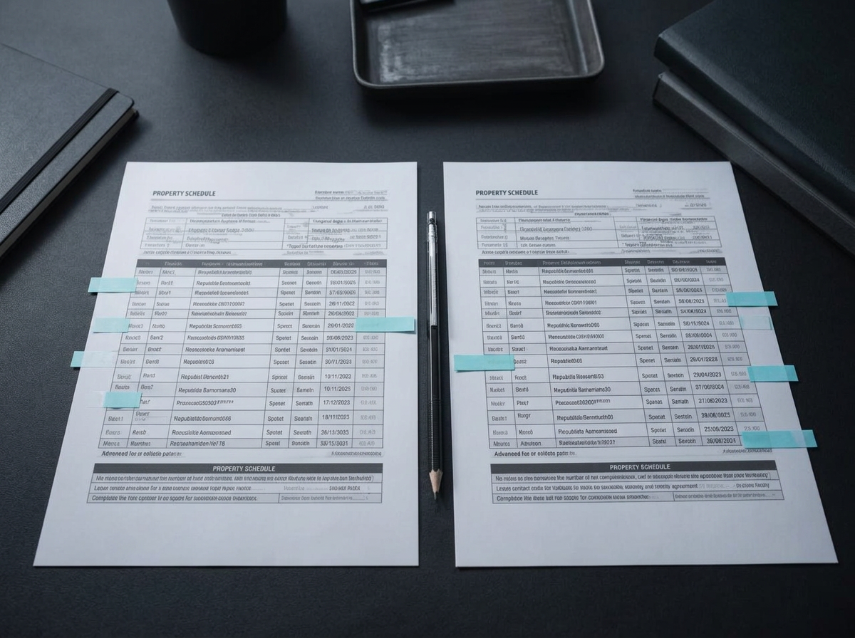 Two similar property schedules side by side with conflicting rows flagged