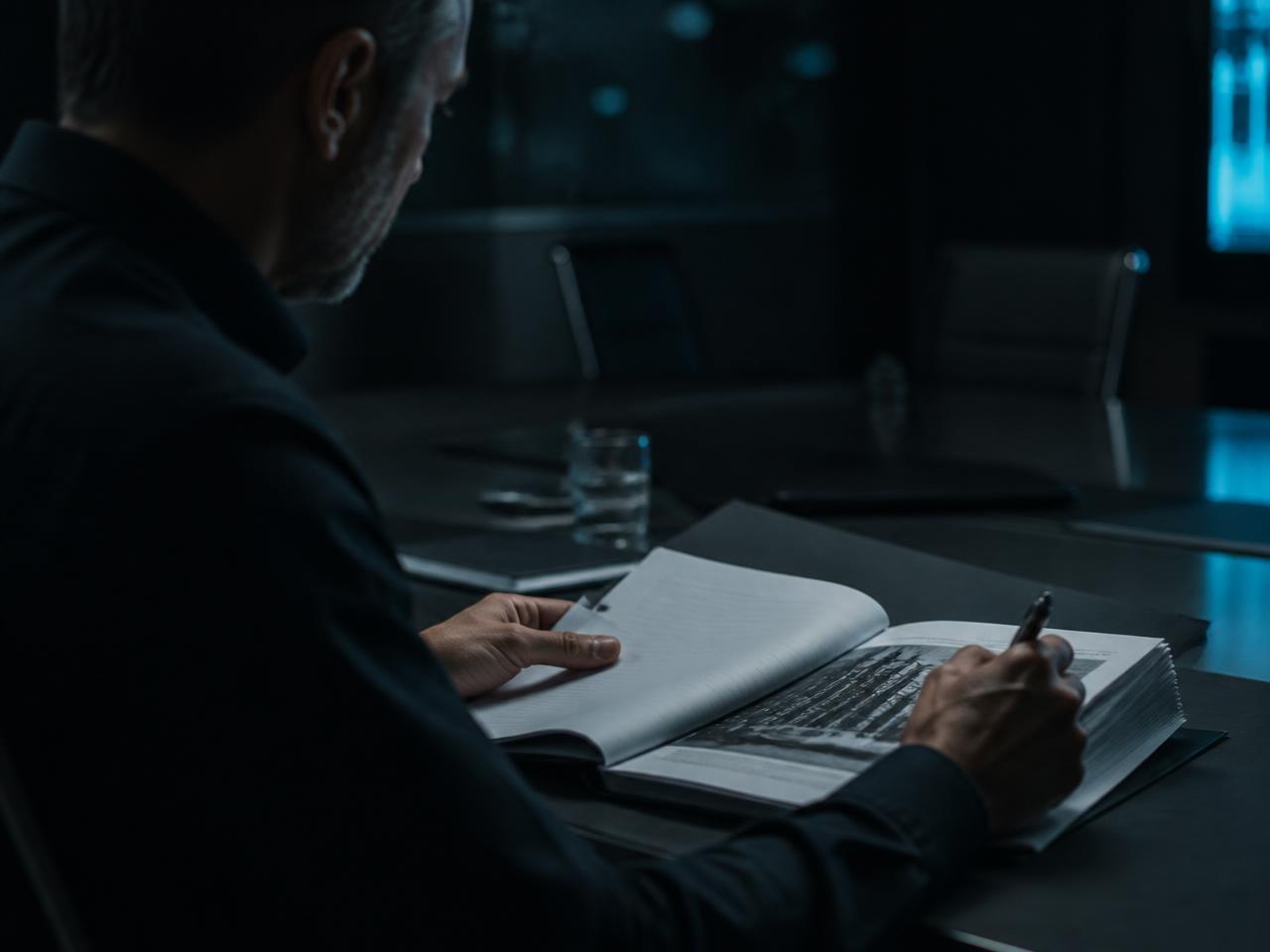 An underwriter signing off a bound risk file at a boardroom table