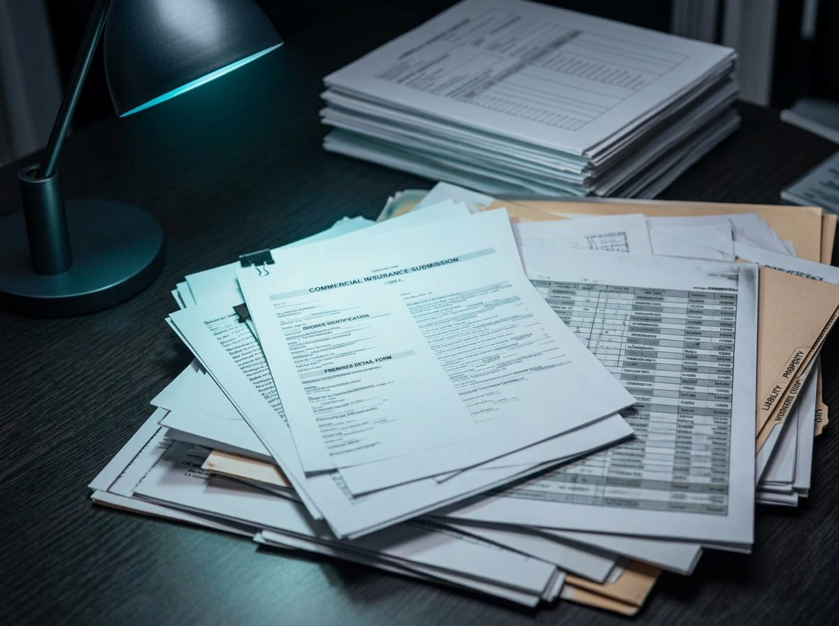 A disordered stack of broker submission documents on a dark desk